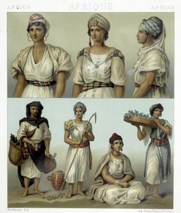 Trajes y tocados de mujeres kabyl (parte superior). Trajes tunecinos y argelinos (parte inferior). Ilustración en "El traje histórico" de Racinet de Albert Charles August Racinet