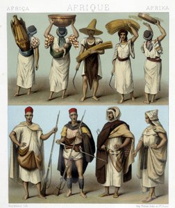 Trajes de Argelia y Túnez. Ilustración en "Le costume historique" por Racinet de Albert Charles August Racinet