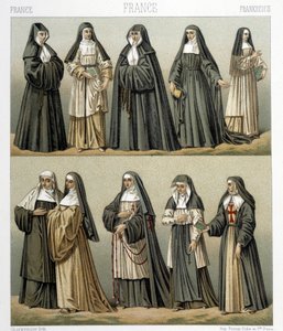 Trajes de monjas en Francia en el siglo XVIII. Ilustración en “Le costume historique” por Racinet