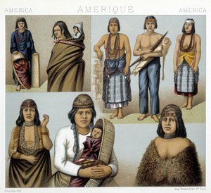 Trajes de los indios de California. Ilustración en "El Traje Histórico" por Racinet de Albert Charles August Racinet