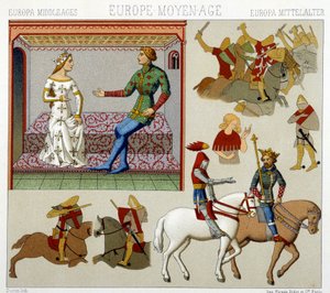 Trajes de la Edad Media en Francia. Placa cromolitográfica - en “Le costume historique” de Racinet de Albert Charles August Racinet