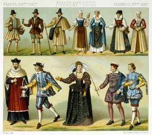 Trajes de la nobleza y trajes populares de Francia en el siglo XVI. Placa cromolitográfica - en "El traje histórico" de Racinet