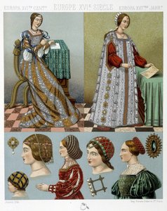 Moda y peluquería en Europa en el siglo XVI - en "El Traje Histórico" por Racinet, finales del siglo XIX de Albert Charles August Racinet