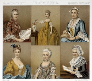 Moda femenina francesa en el siglo XVIII. Ilustración en "Le costume historique" por Racinet