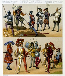 Trajes militares franceses en el siglo XVI. Placa cromolitográfica - en “El traje histórico” de Racinet