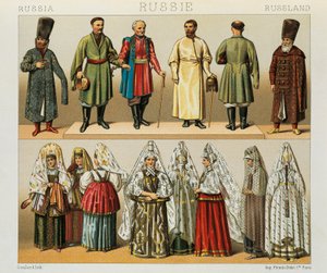 Vestimenta histórica del pueblo ruso, Ilustración de La Historia Completa del Traje por Racinet Auguste de Albert Charles August Racinet