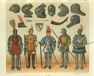 Ilustración de armadura de guerreros europeos de Albert Charles August Racinet