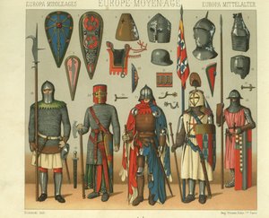 Ilustración de armadura de guerreros franceses de Albert Charles August Racinet
