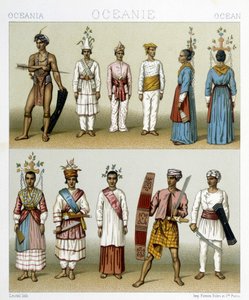 Habitantes de las Islas Célebes en Indonesia. Ilustración en "Le costume historique" por Racinet de Albert Charles August Racinet