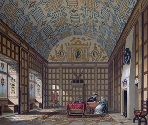 Interior de una vivienda inglesa del siglo XVI, litografía de Gaulard de Le Costume historique de Albert Charles August Racinet