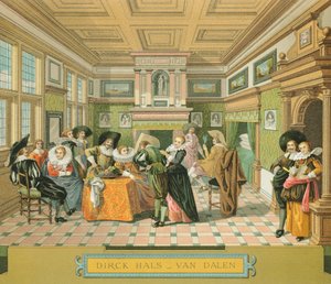 Interior de una vivienda noble holandesa en el siglo XVII, ilustración de La Historia Completa del Traje por Auguste Racinet