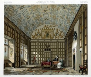 Interior de una casa señorial en Inglaterra en el siglo XVII. Ilustración en "El traje histórico" de Racinet de Albert Charles August Racinet