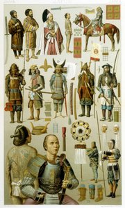 Trajes de guerreros japoneses (samurái o yakuza). Lámina cromolitográfica - en “Le costume historique” por Racinet de Albert Charles August Racinet