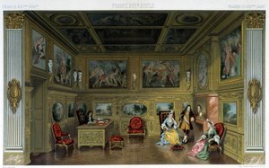 Hombres y mujeres en una casa rica del siglo XVIII. Ilustración en "El traje histórico" de Racinet