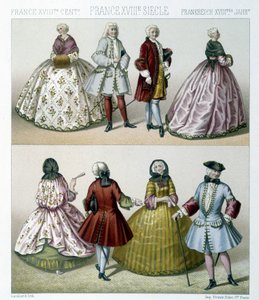 Hombres y mujeres con trajes de moda del siglo XVIII en Francia. Ilustración en "Le costume historique" por Racinet de Albert Charles August Racinet