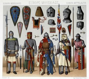 Trajes y cascos militares en Francia del siglo XIII al XV. Ilustración en "Le costume historique" por Racinet de Albert Charles August Racinet