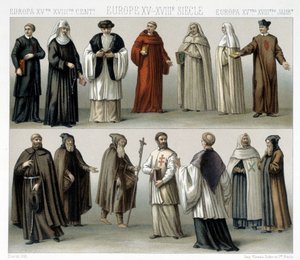 Trajes monásticos en Europa del siglo XV al XVIII. Ilustración en “Le costume historique” por Racinet