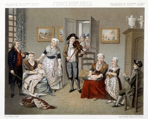 Músicos tocando su instrumento para una familia dentro de una casa. Ilustración en "Le costume historique" por Racinet de Albert Charles August Racinet