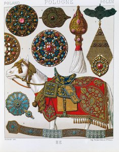 Ornamentos polacos, caballería de húsares, litografía tomada del Traje histórico de Schmidt, Volumen V