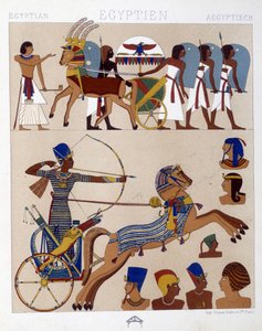 Reproducción de frescos del antiguo Egipto incluyendo a Ramsés II en su carro - en "El traje histórico" de Racinet de Albert Charles August Racinet