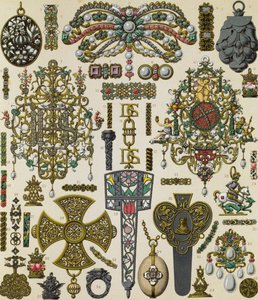 Joyería del siglo XVII, litografía de Schmidt publicada en Le costume historique, Volumen V