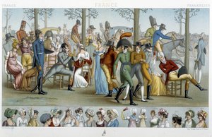 El burgués caminando hacia Longchamp, principios del siglo XIX - en "Le costume historique" por Racinet