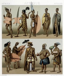 Traje tradicional de Cafrería (parte meridional de África). Ilustración en "El traje histórico" de Racinet de Albert Charles August Racinet