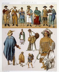 Trajes tradicionales mexicanos. Ilustración en "El traje histórico" de Racinet de Albert Charles August Racinet