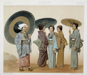 Trajes tradicionales de mujeres japonesas. Ilustración en “Le costume historique” de Racinet de Albert Charles August Racinet