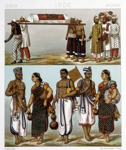 Trajes tradicionales de musulmanes (parte superior de la imagen) e hindúes (parte inferior) que viven en India. Ilustración en “Le costume historique” de Racinet de Albert Charles August Racinet