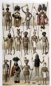 Trajes tradicionales de los pueblos indígenas de Oceanía. Ilustración en "El traje histórico" de Racinet de Albert Charles August Racinet