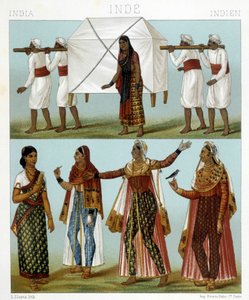 Transporte y trajes femeninos tradicionales. Ilustración en "Le costume historique" por Racinet de Albert Charles August Racinet
