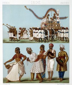 Transporte, música, danza y trajes tradicionales de India. Ilustración en "El traje histórico" de Racinet de Albert Charles August Racinet