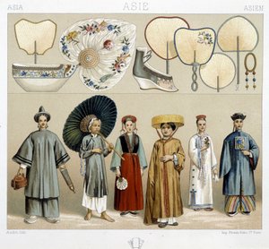 Varios trajes femeninos en China: abanicos, zapatos... - en “El traje histórico” de Racinet de Albert Charles August Racinet