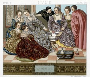 Trajes venecianos del siglo XVII. Ilustración en “El traje histórico” de Racquet de Albert Charles August Racinet