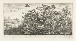 Paisaje con jilguero en cardo Carduelis; Chardonneret. (título en el objeto) Libro de aves (título de la serie) Livre d