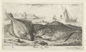 Dos lenguados en la playa peseta La Plyé. (título en el objeto) Peces y otras criaturas marinas: segunda serie de agua salada (título de la serie) Poissons de mer (título de la serie) de Albert Flamen