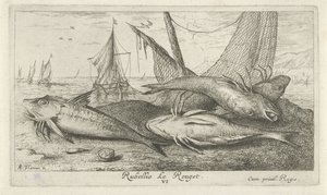 Cuatro salmonetes en la playa Rubellio Le Rouget. (título en el objeto) Peces y otras criaturas marinas: segunda serie de agua salada (título de la serie) Poissons de mer (título de la serie) de Albert Flamen