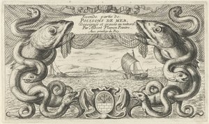 Seascape con borde de criaturas marinas y una red de pesca. Peces y otras criaturas marinas: segunda serie de agua salada (título de la serie) Poissons de mer (título de la serie sobre el objeto) de Albert Flamen
