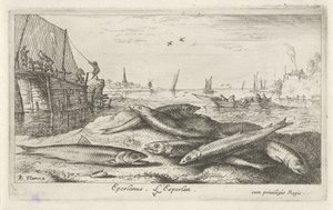 Seis olores en la playa Eperlano. L´Esperlan. (título en el objeto) Peces y otras criaturas marinas: segunda serie de agua salada (título de la serie) Poissons de mer (título de la serie) de Albert Flamen