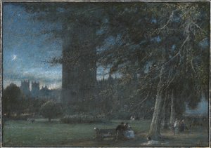 Figuras bajo el Palacio de Westminster al atardecer de Albert Goodwin