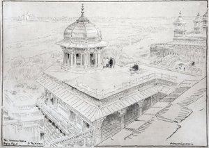 La Torre del Jazmín, el Fuerte de Agra y el Taj Mahal (dibujo)