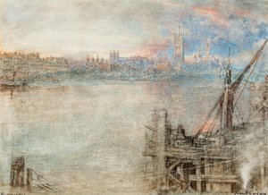 Westminster con las Casas del Parlamento al atardecer (pluma y tinta negra y acuarela con rayado sobre papel) de Albert Goodwin