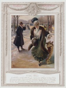Belle Époque París, Dama de moda en el Bois de Boulogne (litografía a color)