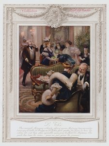 Belle Époque París, dama de moda tomando té (litografía en color) de Albert Guillaume