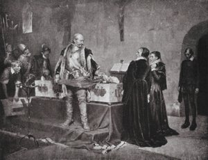 El duque Carlos insultando al cadáver de su enemigo Fleming (litografía)