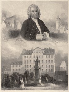 Retrato de Johann Sebastian Bach, el monumento de Bach y la iglesia y escuela de St. Thomas en Leipzig, c. 1860