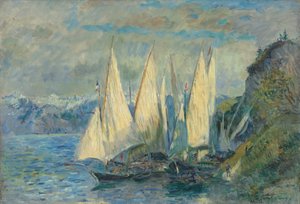 Barcos con grandes velas en el lago Lemán en Meillerie en Alta Saboya de Albert Lebourg