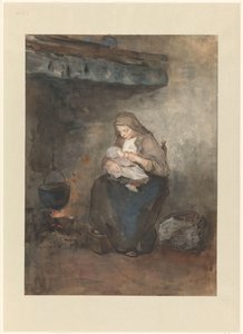 La madre amamanta a su hijo junto a la chimenea