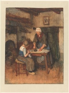 Interior con mujer planchando y niño cosiendo